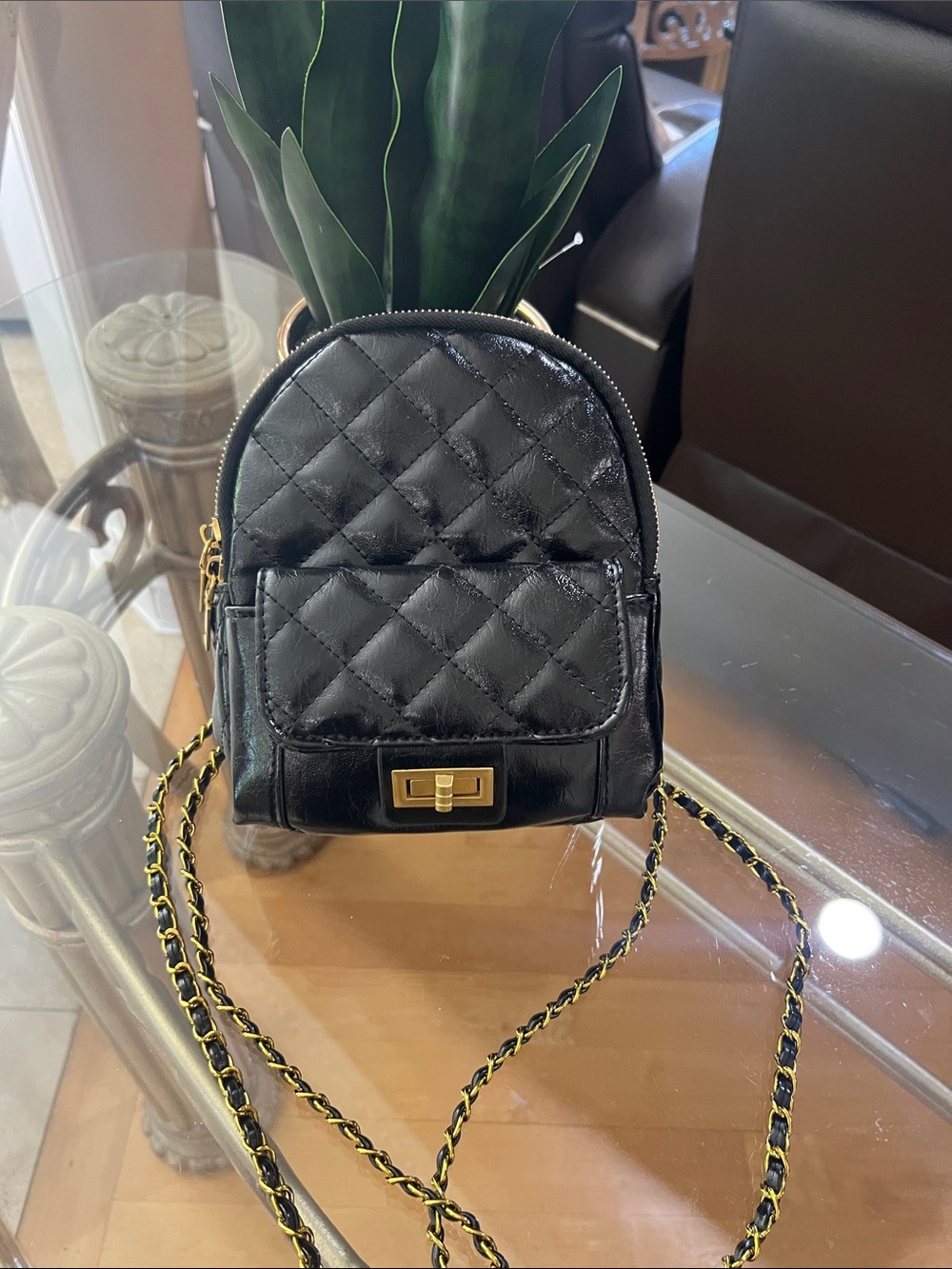 Black Quilted Mini Crossbody Bag with Gold Hardware